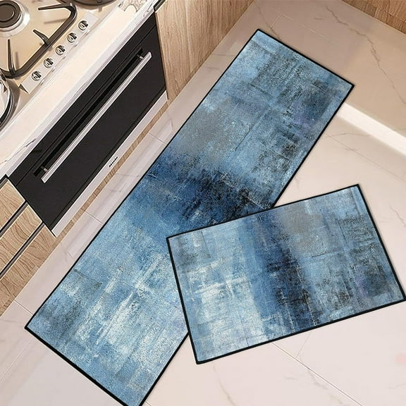 Blue Grey Kitchen Rugs and Mats Non Skid Washable Set of 2, Modern Abstract Kitchen Runner Rug, Contemporary Painting Art Under Sink Mats for Kitchen Floor Decor
