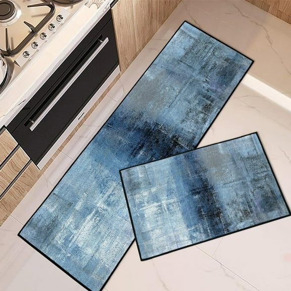 Blue Grey Kitchen Rugs and Mats Non Skid Washable Set of 2, Modern Kitchen Mats for Floor, Contemporary Painting Art Kitchen Runner Rug Abstract Kitchen Decor
