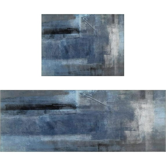 Blue and Grey Kitchen Rugs and Mats Sets of 2,Abstract Art Kitchen Decoration Non-Slip Absorbent Mats for Sink Waterproof Runner Rug for Laundry Room ,17x24+17x48inch