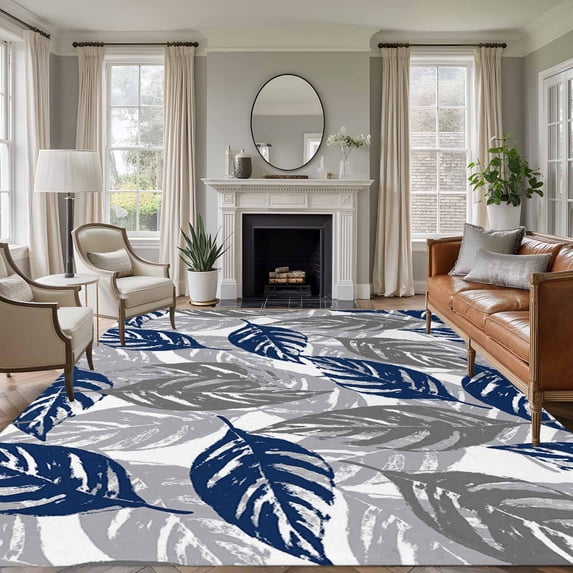 Blue Grey Leaves Area Rugs 6'x9', Washable Small Throw Rugs for Kitchen Dining room, Farmhouse Spring Botanical Leaf Plants Indoor Outdoor Rug Non-Slip Low Pile Carpet Runner Reversible Floor Mats