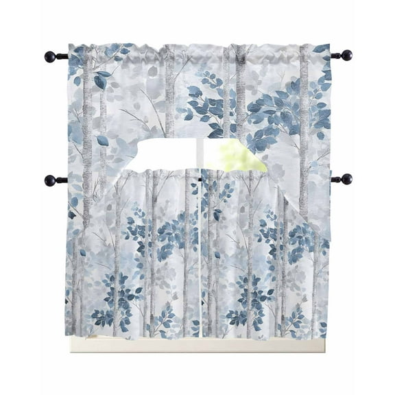 Blue Grey Leaves Kitchen Curtains Swag Valance and Tier Curtains Set 36 Inch Length, Watercolor Branches Vintage Forest Rod Pocket Drape Panels Pair Swag Curtain for Bathroom/Cafe/Window