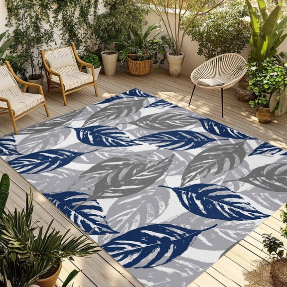 Blue Grey Leaves Outdoor Rug for Patio/Deck/Porch, Non-Slip Large Area Rug 4 x 6 Ft, Farmhouse Spring Botanical Leaf Plants Indoor Outdoor Rugs Washable Area Rugs, Camping Rug Carpet Runner