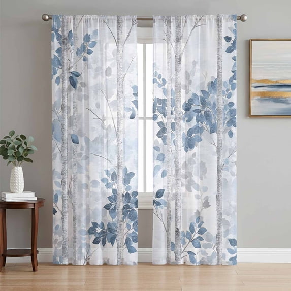 Blue Grey Leaves Sheer Curtains 84 Inch Length 2 Panels Set, Watercolor Branches Vintage Forest Voile Window Treatment Rod Pocket Curtains Sheers Drapes for Bedroom/Living Room/Kitchen 52"x84"x2