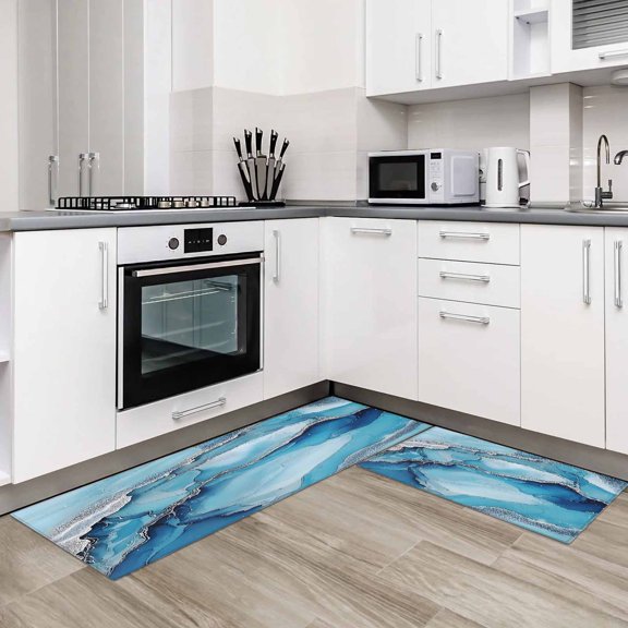 Modern Blue Grey 2 Pieces Non-Slip Kitchen Mat Set Marble Abstract Geometric Soft Door Mat with Rubber Backing,Dirtproof Rugs for Entrance Doorway 19.7x31.5in+19.7x47.2in