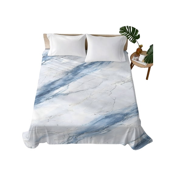 Blue Grey Marble Flat Sheets Only King Size, Soft Breathable Bed Top Sheets for Mattress, Vintage Abstract Modern Art Crack Luxury Bedding Flat Sheets for Home Hotel Bedroom Bed Protection