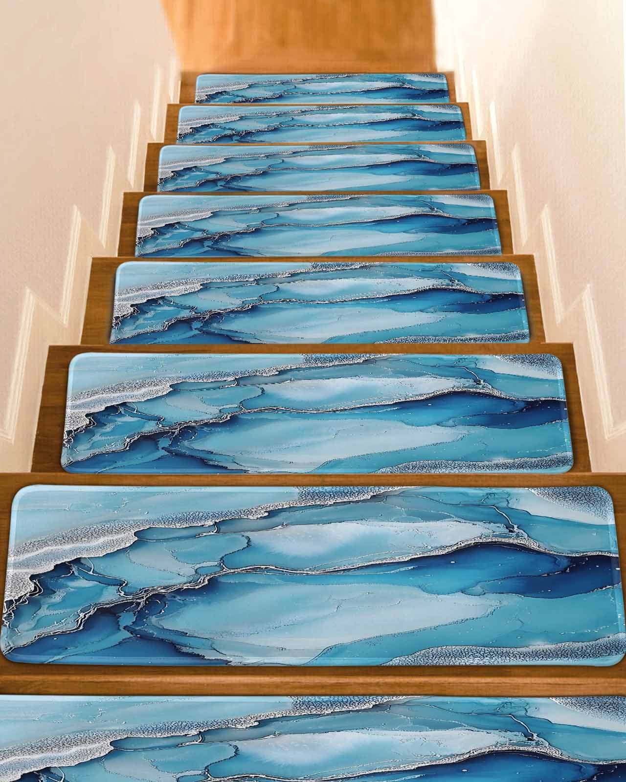 Blue Grey Marble Non-Slip Stair Treads for Wooden Steps, 15 Pack-8x30in ...