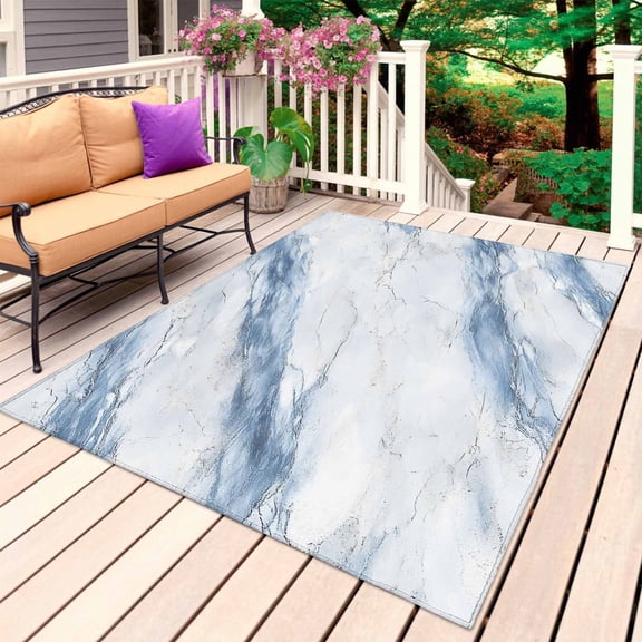 Blue Grey Marble Outdoor Rug for Patio/Deck/Porch, Non-Slip Large Area Rug 4 x 6 Ft, Vintage Abstract Modern Art Crack Indoor Outdoor Rugs Washable Area Rugs, Reversible Camping Rug Carpet Runner