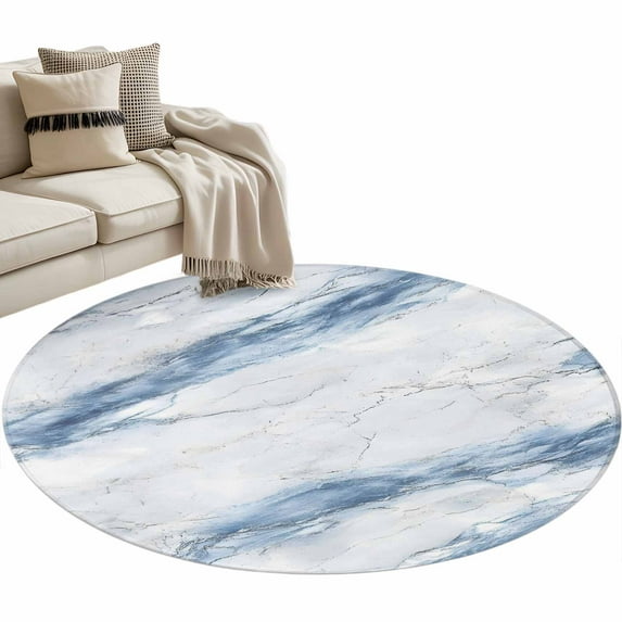 Blue Grey Marble Round Area Rug 3 FT, Small Kitchen Bathroom Mat, Vintage Abstract Modern Art Crack Washable Indoor Outdoor Throw Runner Carpet Non-Shedding Doormat for Table Shower Sofa Entryway