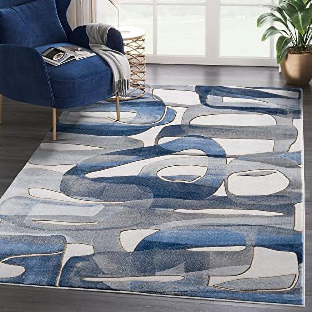Blue & Grey Modern Circles Design Area Rug Contemporary Asymmetric Print NonShed 7'9" X 10'2