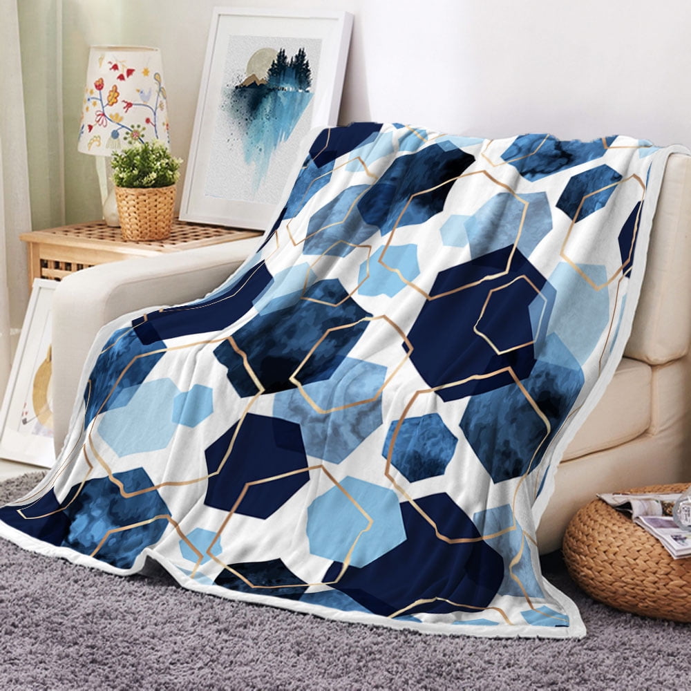 Blue Grey Modern Geometric Throw Blanket Watercolor Deep Blue Navy and Gold Foil Outline Polygons Abstract Fleece Blanket Mid Century Soft Plush