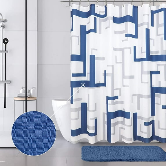 Blue and Grey Modern Shower Curtain Navy Blue White Shower Curtains for Bathroom Indigo Dark Blue Cloth Shower Curtain Set with Hooks Blue Gray Geometric Bath Curtain Water Repellent Washable 72x72