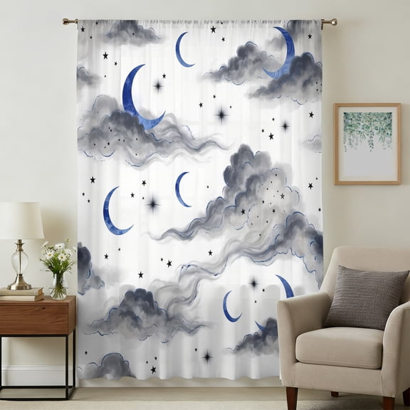 Blue Grey Moon Night Sheer Curtains 45 Inches Long, Starry White Evening Light Filering Curtains, Breathable Simi Curtain Privacy Drapes for Kitchen Bathroom Lightweight Small Window Treatment