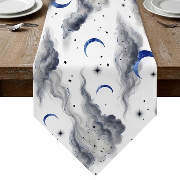 Blue Grey Moon Night Table Runner Linen Burlap Table Runner 36 Inches Small Starry White Evening Dresser Scarves for Kitchen Island Coffee Dining Room Party Wedding Banquet Holiday Decoration 13"x36"