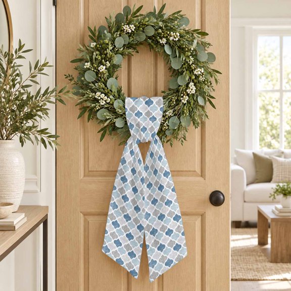Blue Grey Moroccan Tiles Wreath Sash, Vintage Geometric Blocks Pattern Decorative Ribbon Wreath Sash for Front Door, Porch Indoor Holiday Decor