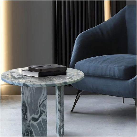 Blue Grey Natural Marble Accent Table for Living Room, Small Round Metal Base Stone Center Table