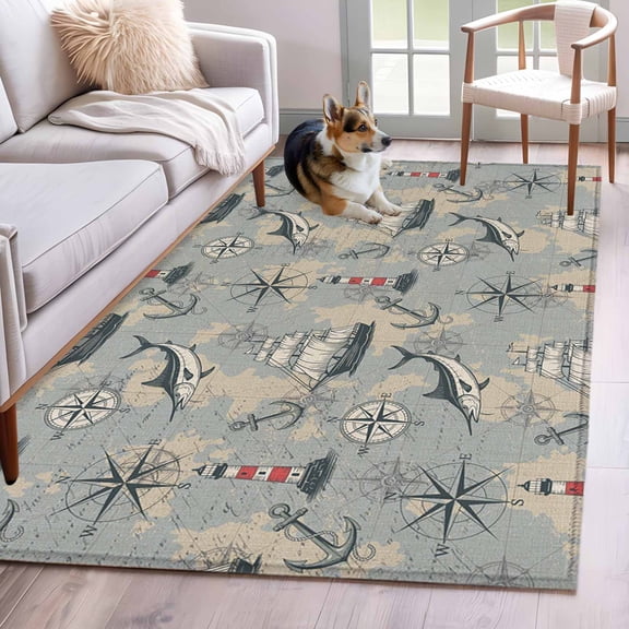 Blue Grey Nautical Area Rugs 3x5 ft Vintage Boats Seaports Maps Fish Linen Washable Rug Non Slip Indoor Carpet Absorbent Floor Mat for Living Room Bedroom Dining Room
