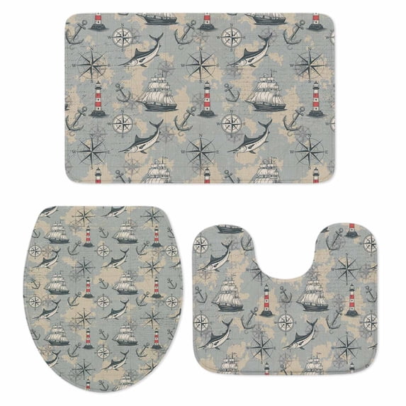 Blue Grey Nautical Bathroom Rugs Set Vintage Boats Seaports Maps Fish Linen Non Slip Absorbent Soft Bath Mats 3 Piece Set with Bathroom Rug, U-Shaped Floor Mat, Toilet Seat Cover Small Size