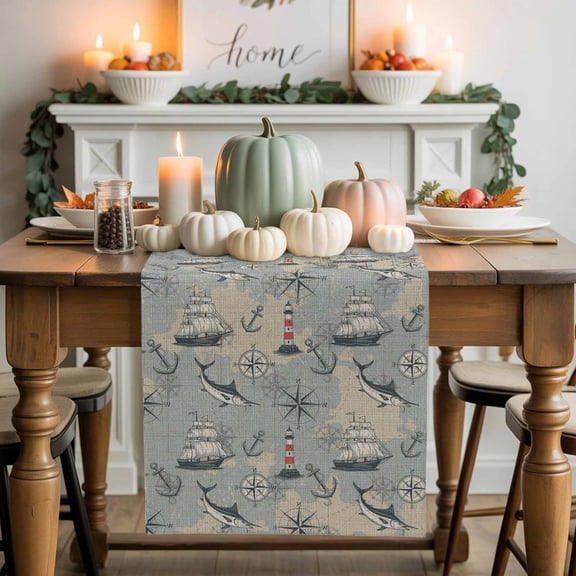 Blue Grey Nautical Cotton Linen Table Runner, Washable Table Runners for Kitchen, Dining Room, Holiday, Home Party Table Decor, 13x48 Inches