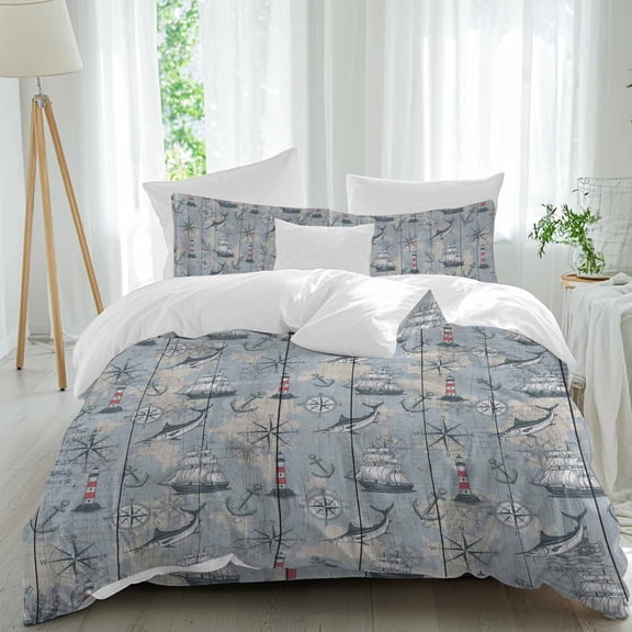 Blue Grey Nautical Queen Size Comforter Set, Vintage Boats Seaports Maps Fish Wood Grain Bedding for All Seasons, 4 Pcs Bed Set, 1Quiltcover (90"x92") ,1Sheet(94"x116"), 2Pillowcases (30"x20")