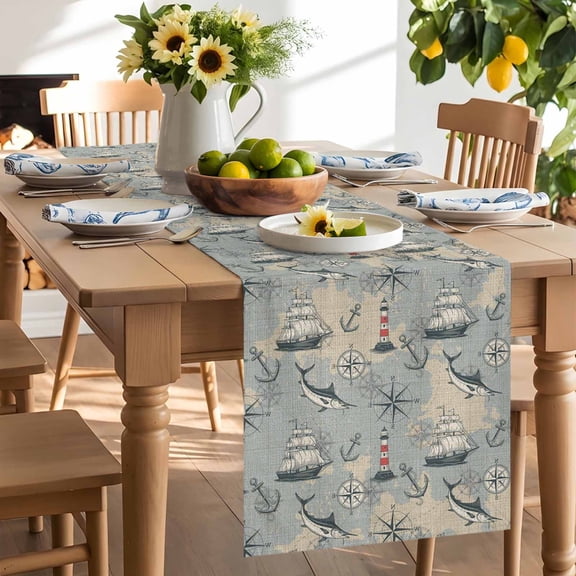 Blue Grey Nautical Table Runner, Vintage Boats Seaports Maps Fish Linen Washable Kitchen Table Runners Dress Scarves for Dining Table Decorations Party/Restaurant/Indoor Outdoor Use, 13x36in