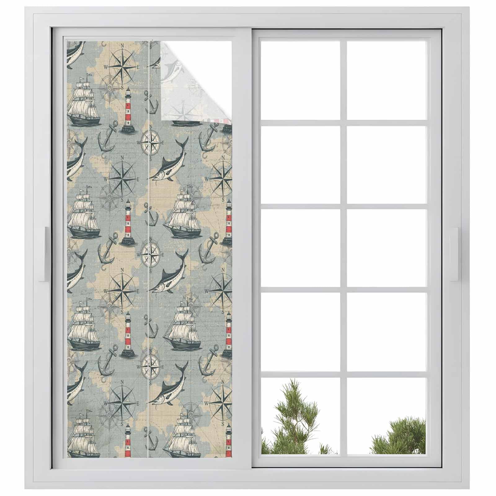 Blue Grey Nautical Window Privacy Film, Vintage Boats Seaports Maps Fish Linen Frosted Glass Window Clings Static Cling UV Heat Blocking Reusable Door Sticker for Bathroom 23.6 x 59 Inch