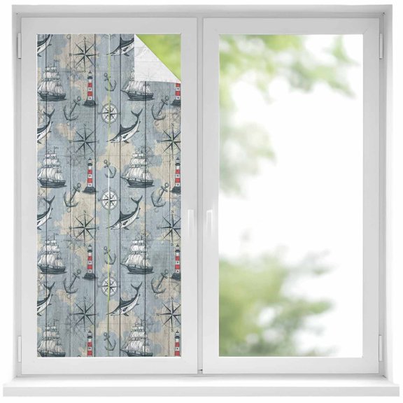 Blue Grey Nautical Window Privacy Film, Vintage Boats Seaports Maps Fish Wood Grain Frosted Glass Window Clings Static Cling UV Heat Blocking Reusable Door Sticker for Bathroom 19.6 x 39.3 Inch