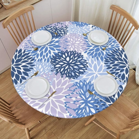 Blue Grey and Navy Chrysanthemum Flowers Tablecloth with Elastic Edge, Round Table Cloth Daisy Floral Washable Reusable Table Cover for Kitchen Dining Party Picnic, Small