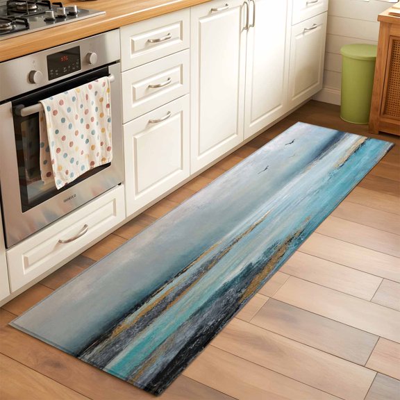 Blue Grey Ocean Painting Runner Rugs 2x6 ft Modern Abstract Beach Waves Natural Sky Washable Hallway Rugs Non-Slip Floor Mats Absorbent Carpet Bedside Runners for Bedroom Kitchen Laundry Room