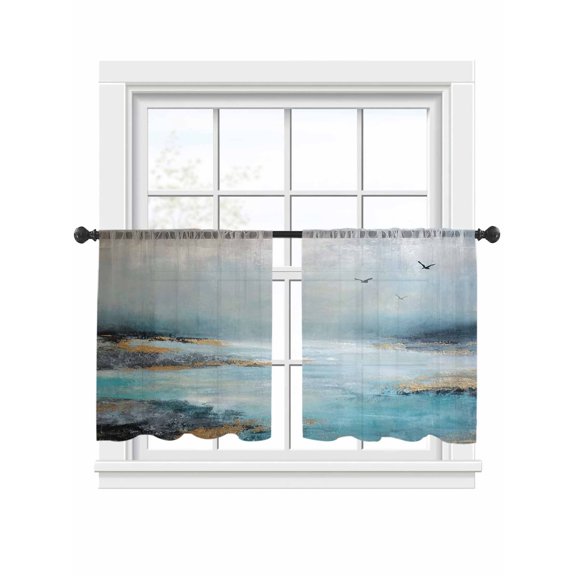 Blue Grey Ocean Painting Sheer Curtains 2 Panels Set Modern Abstract Beach Waves Natural Sky Sheer Window Curtains Light Filtering Rod Pocket Voile Drapes for Bedroom Living Room 52"x45"