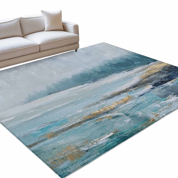 Blue Grey Oil Painting 6x9ft Non Slip Area Rug Modern Abstract Beach Waves Green Mountain Washable Soft Area Rugs for Living Room, Indoor Circle Carpet for Bedroom Dining Room Kitchen