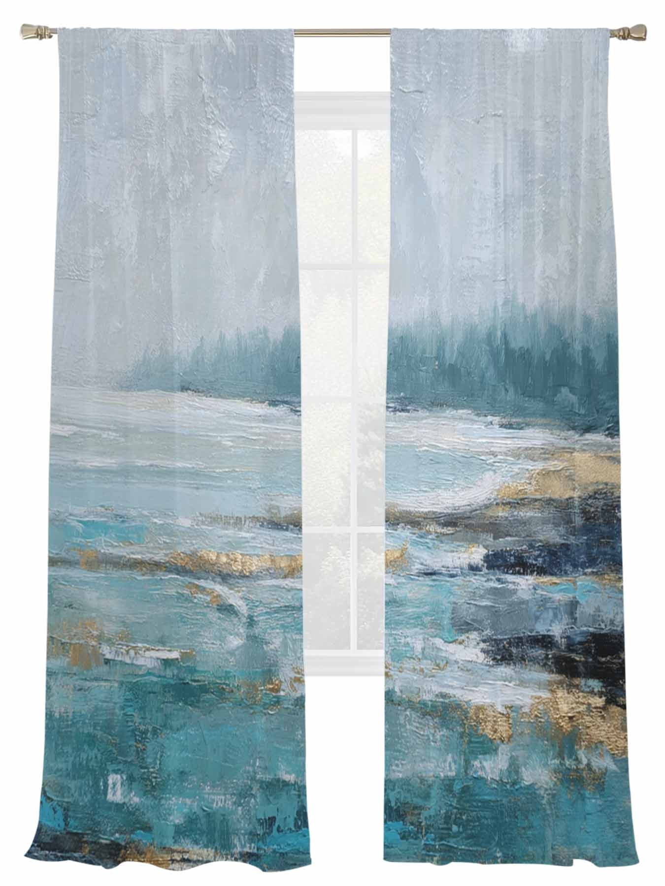 Blue Grey Oil Painting Sheer Curtains 2 Panels Set Modern Abstract ...