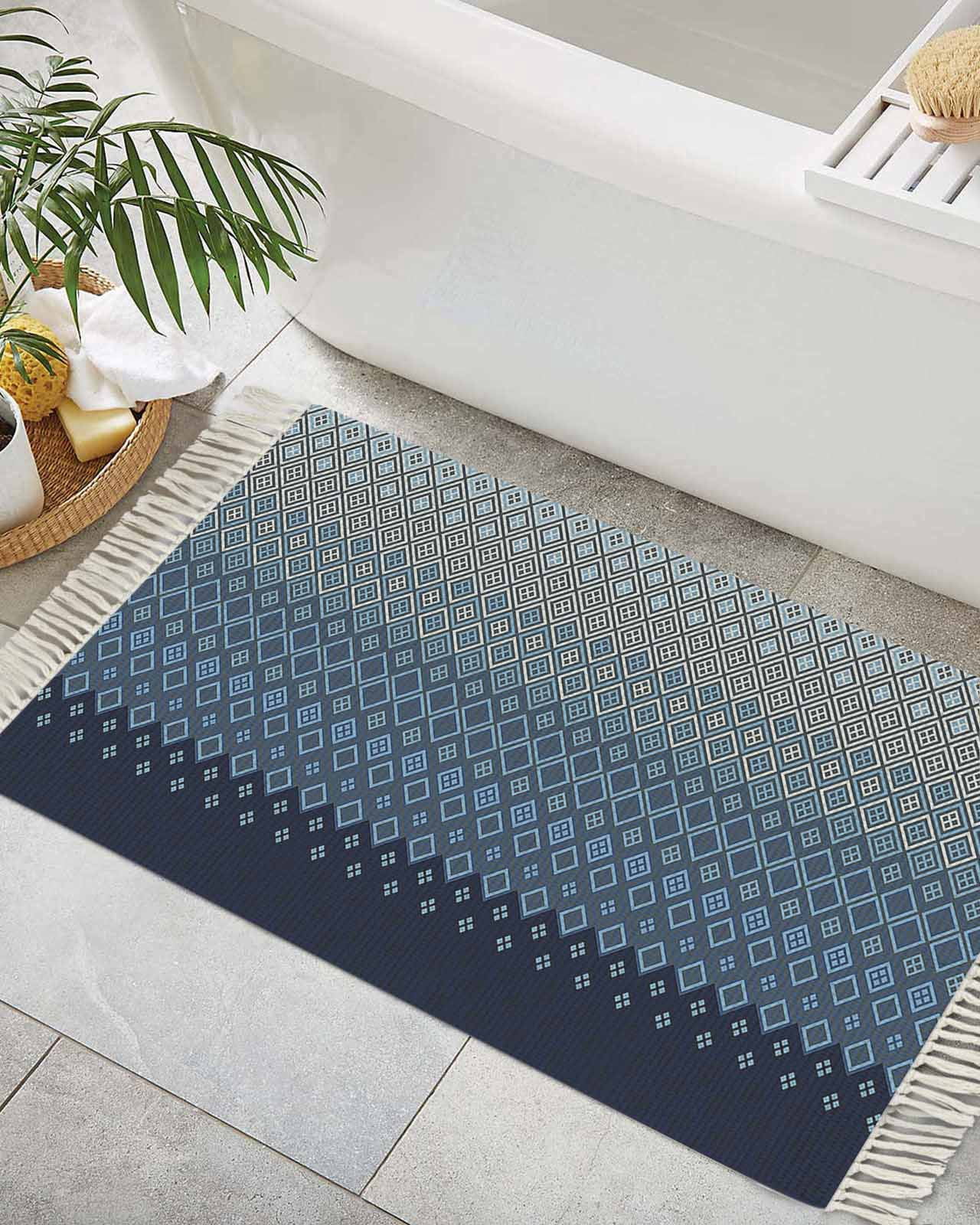 Blue Grey Ombre Geometric Bath Rug 2x3ft Woven Bathroom Entryway Runner ...