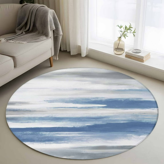 Blue Grey Ombre Round Rugs 3ft, Abstract Art Oil Painting Modern Non Slip Washable Rug Runner, Low Pile Indoor Floor Carpet Mat Bathroom Rugs for Living Room, Bedroom, Kids Room