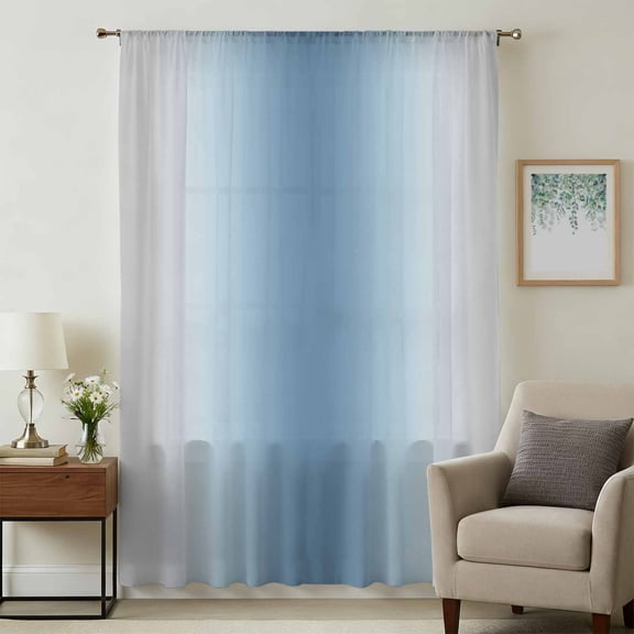 Blue Grey Ombre Sheer Curtains 54 Inches Long, Farmhouse Gradient Minimalist Light Filering Curtains, Breathable Simi Curtain Privacy Drapes for Kitchen Bathroom Lightweight Small Window Treatment