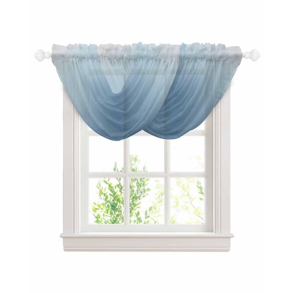 Blue Grey Ombre Sheer Waterfall Valance Curtains for Window, Farmhouse Gradient Minimalist Rod Pocket Sheer Topper Swag Curtains for Living Room, Kitchen 38.5"W x 47.2"L, 2 Panels