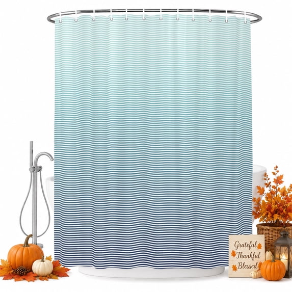 Blue Grey Ombre Striped Shower Curtain Set - Small 36" x 72" Washable Bathtub Curtain with 12 Hooks, Modern Thin Line Stripes Farmhouse Waterproof Fabric Stall Shower Curtains for Bathroom Décor