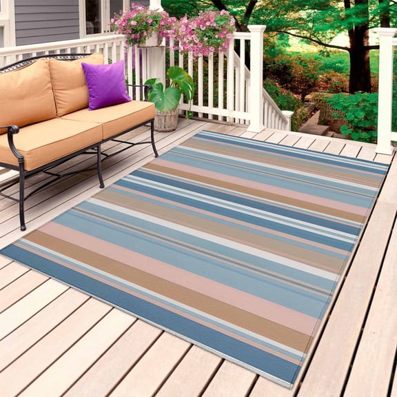 Blue Grey Orange Striped Outdoor Rug for Patio/Deck/Porch, Non-Slip Large Area Rug 6 x 9 Ft, Modern Stripes Art Farmhouse Indoor Outdoor Rugs Washable Area Rugs, Reversible Camping Rug Carpet Runner