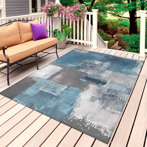 Blue Grey Outdoor Rug for Patio/Deck/Porch, Non-Slip Large Area Rug 4 x 6 Ft, Modern Oil Painting Art Abstract Indoor Outdoor Rugs Washable Area Rugs, Reversible Camping Rug Carpet Runner