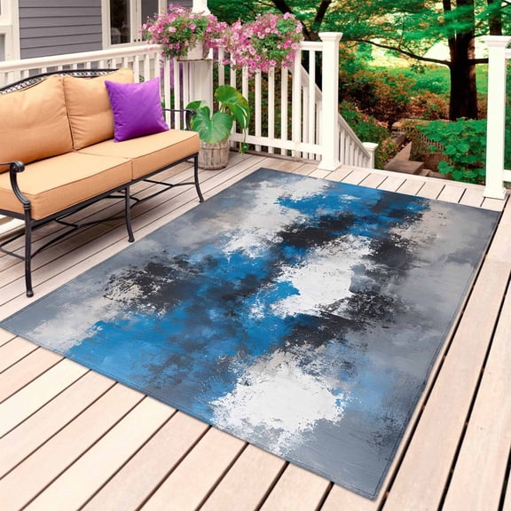 Blue Grey Outdoor Rug for Patio/Deck/Porch, Non-Slip Large Area Rug 4 x 6 Ft, Modern Oil Painting Vintage Abstract Indoor Outdoor Rugs Washable Area Rugs, Reversible Camping Rug Carpet Runner