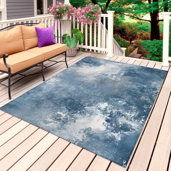 Blue Grey Outdoor Rug for Patio/Deck/Porch, Non-Slip Large Area Rug 4 x 6 Ft, Oil Painting Modern Abstract Indoor Outdoor Rugs Washable Area Rugs, Reversible Camping Rug Carpet Runner