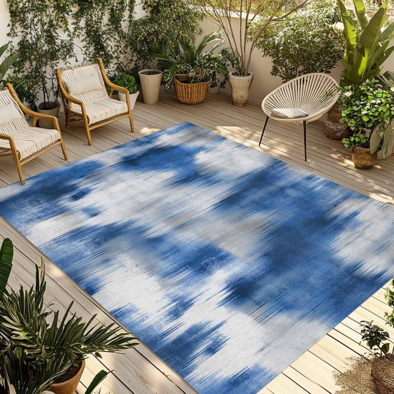 Blue Grey Outdoor Rug for Patio/Deck/Porch, Non-Slip Large Area Rug 5 x 7 Ft, Modern Abstract Gradient Texture Aesthetic Indoor Outdoor Rugs Washable Area Rugs, Reversible Camping Rug Carpet Runner