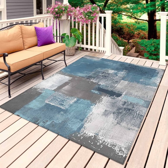 Blue Grey Outdoor Rug for Patio/Deck/Porch, Non-Slip Large Area Rug 5 x 7 Ft, Modern Oil Painting Art Abstract Indoor Outdoor Rugs Washable Area Rugs, Reversible Camping Rug Carpet Runner