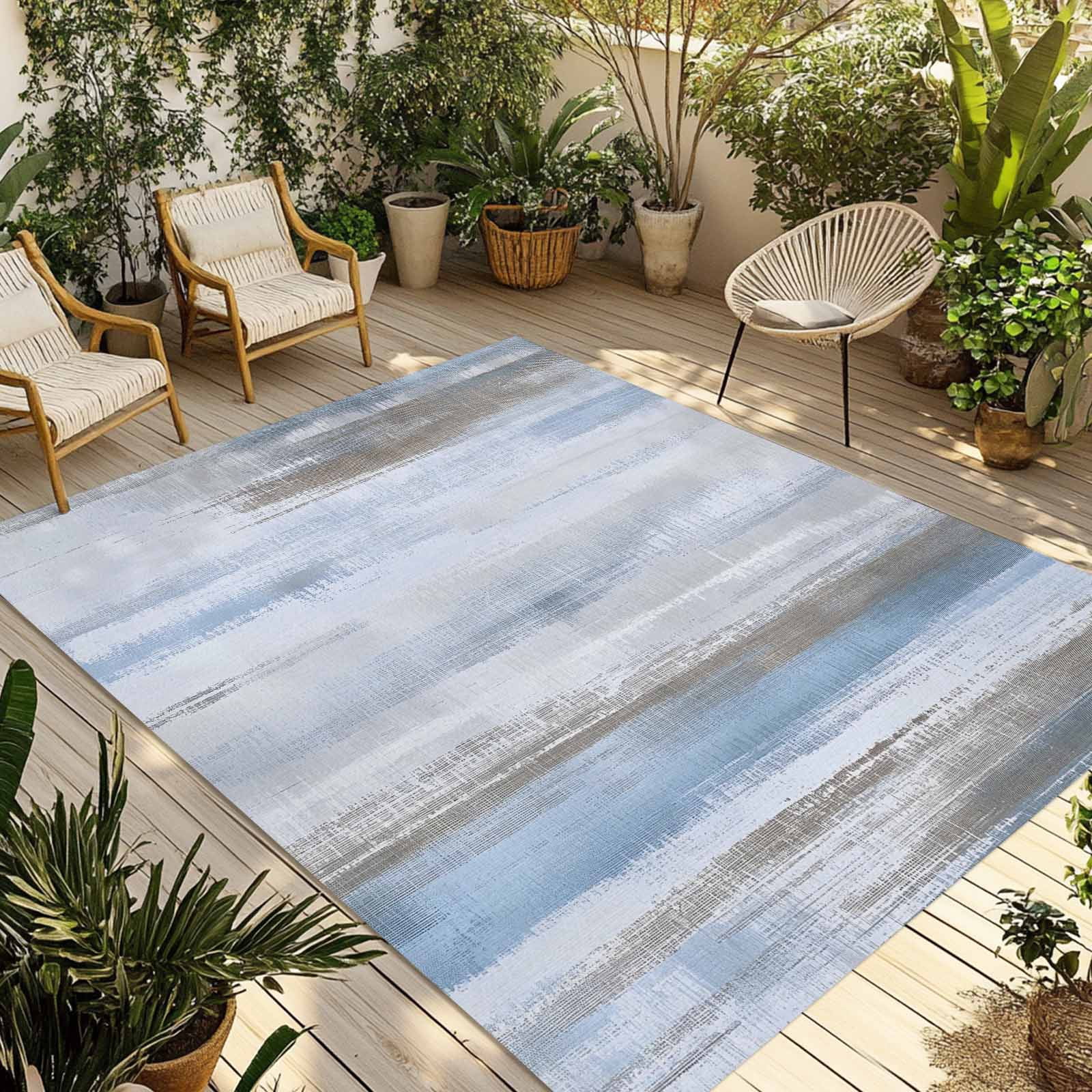 Blue Grey Paint Outdoor Rug 4x6 ft Modern Abstract Grey Blue Stripes ...