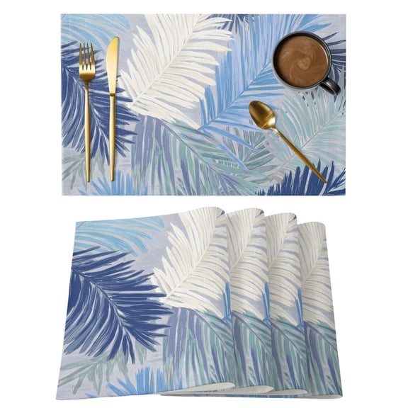 Blue Grey Palm Leaves Cotton Linen Placemats Set of 6, Summer Tropical Botanical Coastal Washable Table Place Mats Heat Insulating Placemat for Dining Room Kitchen Daily Use 13 x 19 Inch