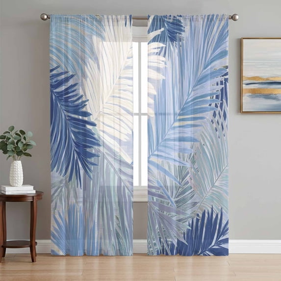 Blue Grey Palm Leaves Sheer Curtains 84 Inches Long, Summer Tropical Plants Botanical Light Filtering Window Curtains for Living Room, Rod Pocket Voile Sheer Curtain Drapes, 52"W x 84"L, 2 Panels
