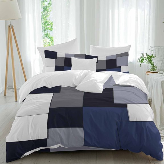 Blue Grey Patchwork 4 Piece Duvet Cover Set Queen Size Abstract Retro Geometric Art Soft Bedding Set Comforter Cover, 1 Duvet Cover 1 Flat Sheets and 2 Pillowcases