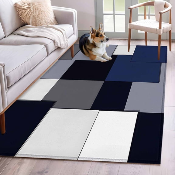 Blue Grey Patchwork 4x6 Area Rugs for Living Room, Abstract Retro Geometric Art Non Slip Floor Mat Washable Low-Profile Indoor Carpet for Bedroom, Dining Room, Bathroom