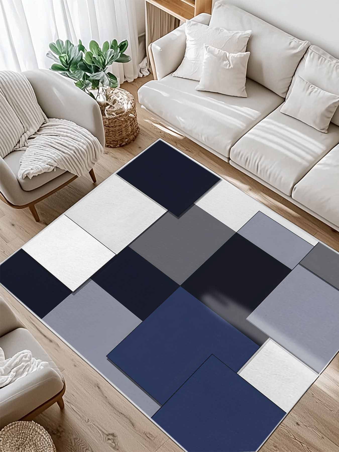 Blue Grey Patchwork Area Rug for Bedroom 4x6 Ft Abstract Retro ...