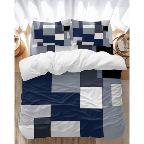 Blue Grey Patchwork Bedding Duvet Cover Set Queen Size 4 Pieces Retro Abstract Geometric Art Bedding Set with Zipper Closure, 1 Comforter Cover 90x90 Inches 1 Flat Sheet & 2 Pillow Cases