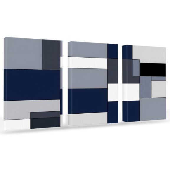 Blue Grey Patchwork Canvas Wall Art 3 Panels, Retro Abstract Geometric Art Framed Wall Decor Modern Artwork Prints Painting for Living Room, Bedroom, Kitchen & Cafe Decor 12" x 16"